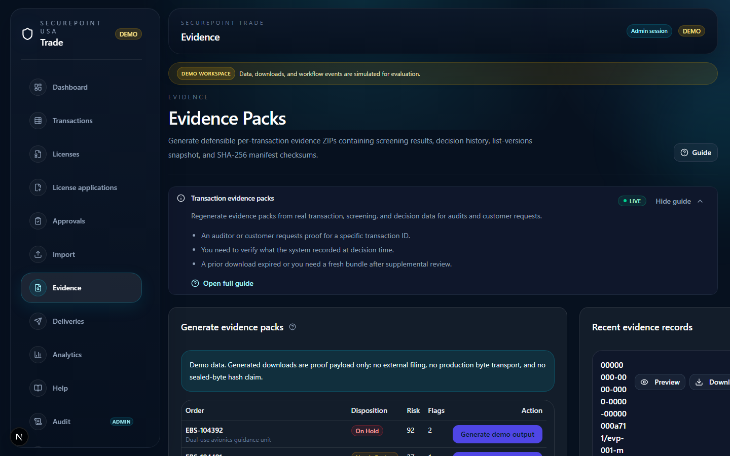 Evidence workspace for regenerating transaction evidence packs