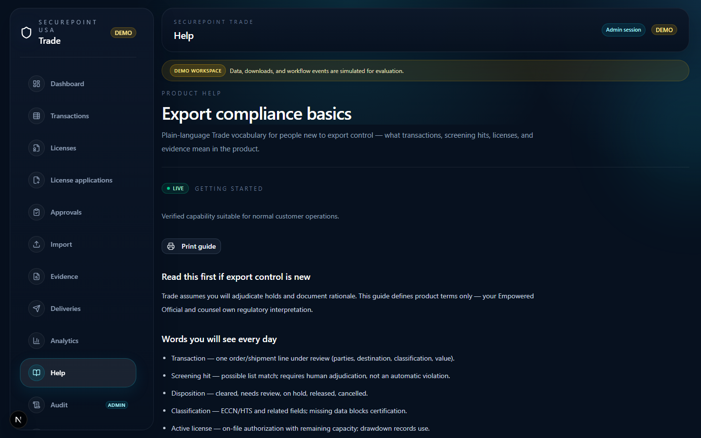 Compliance basics help article with vocabulary sections