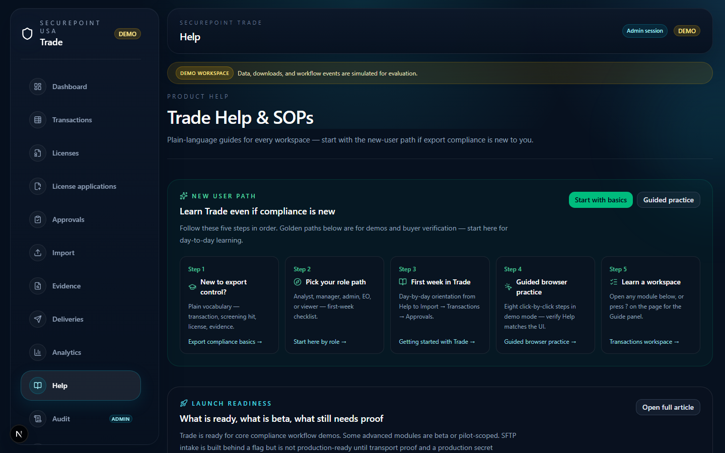 Trade Help hub with search and guide categories