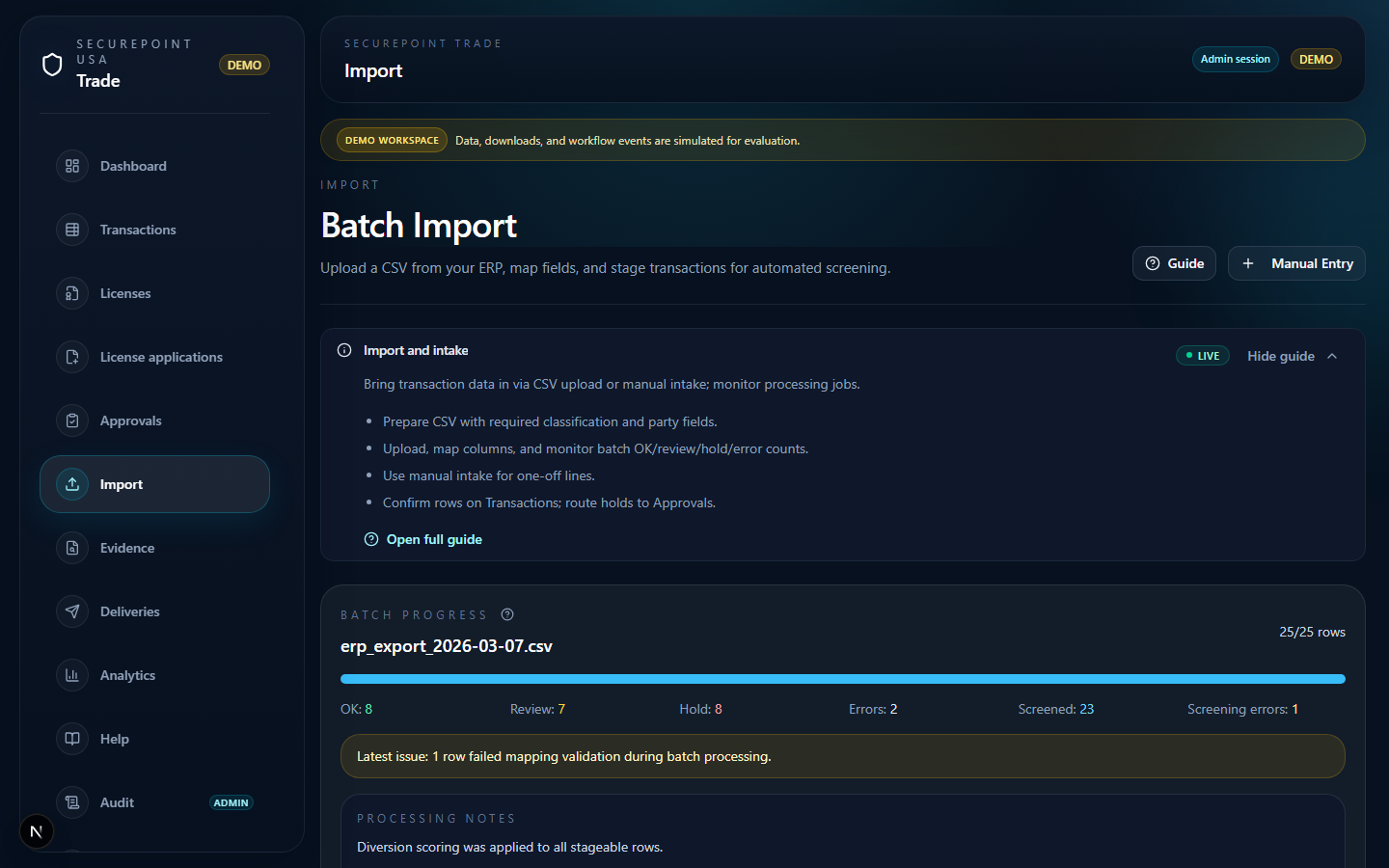 Import workspace for staging CSV batches