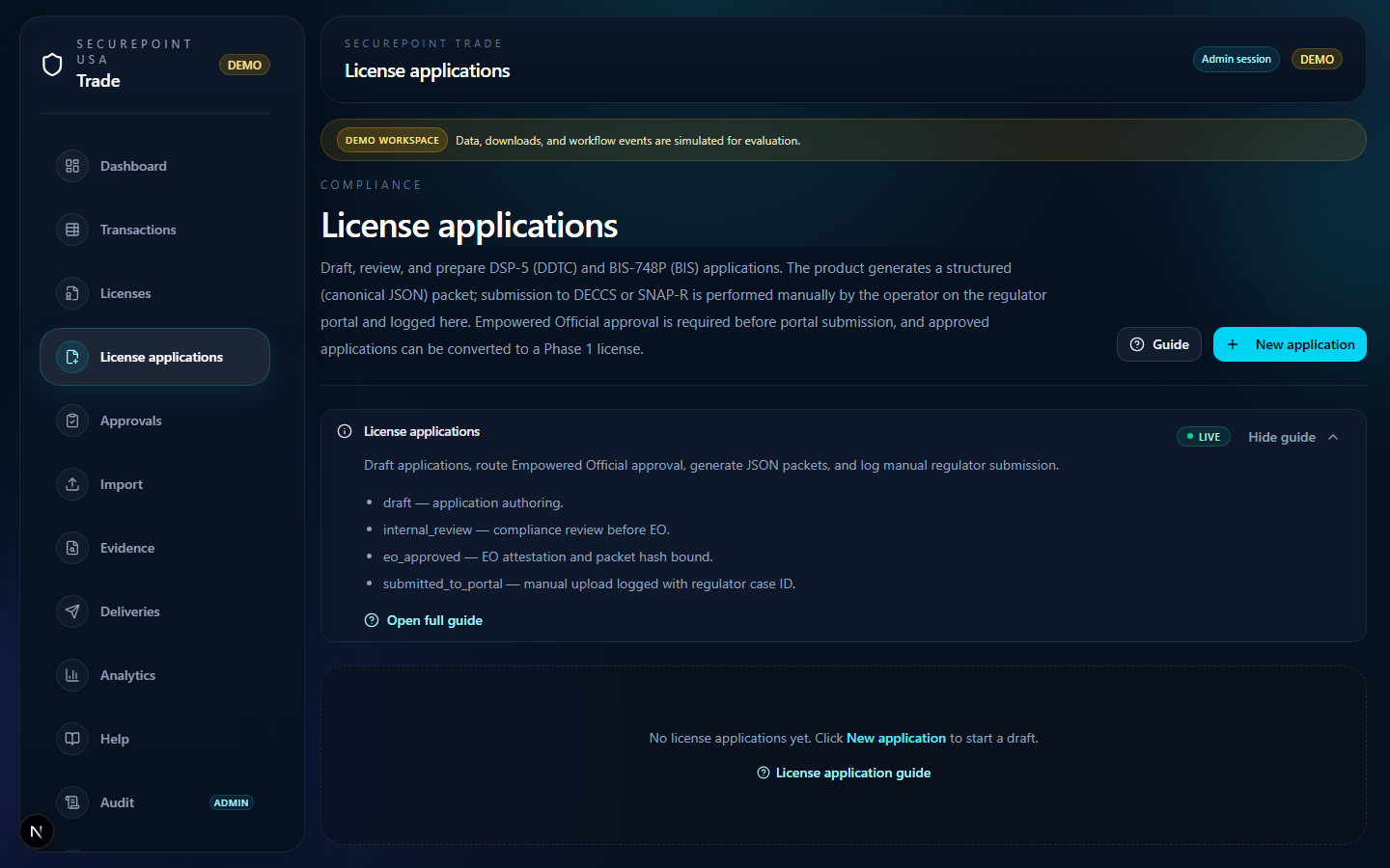 License applications list with workflow status