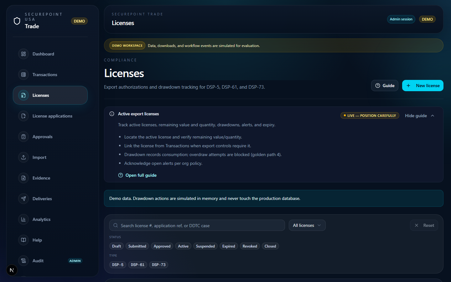 Active licenses list with status and remaining capacity