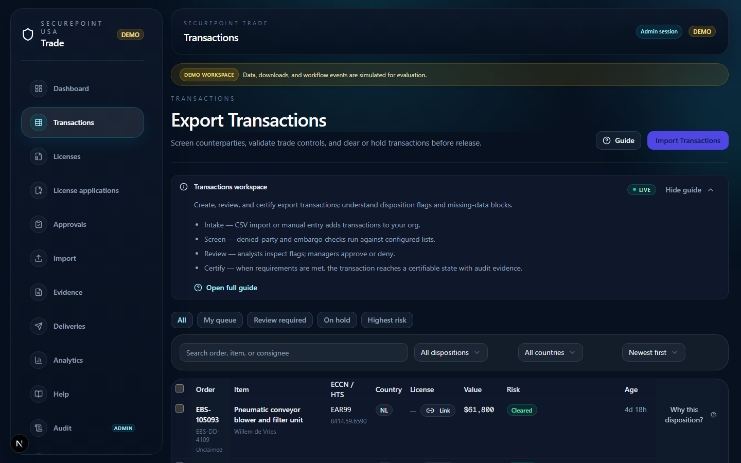 Transactions list with disposition badges and filter bar